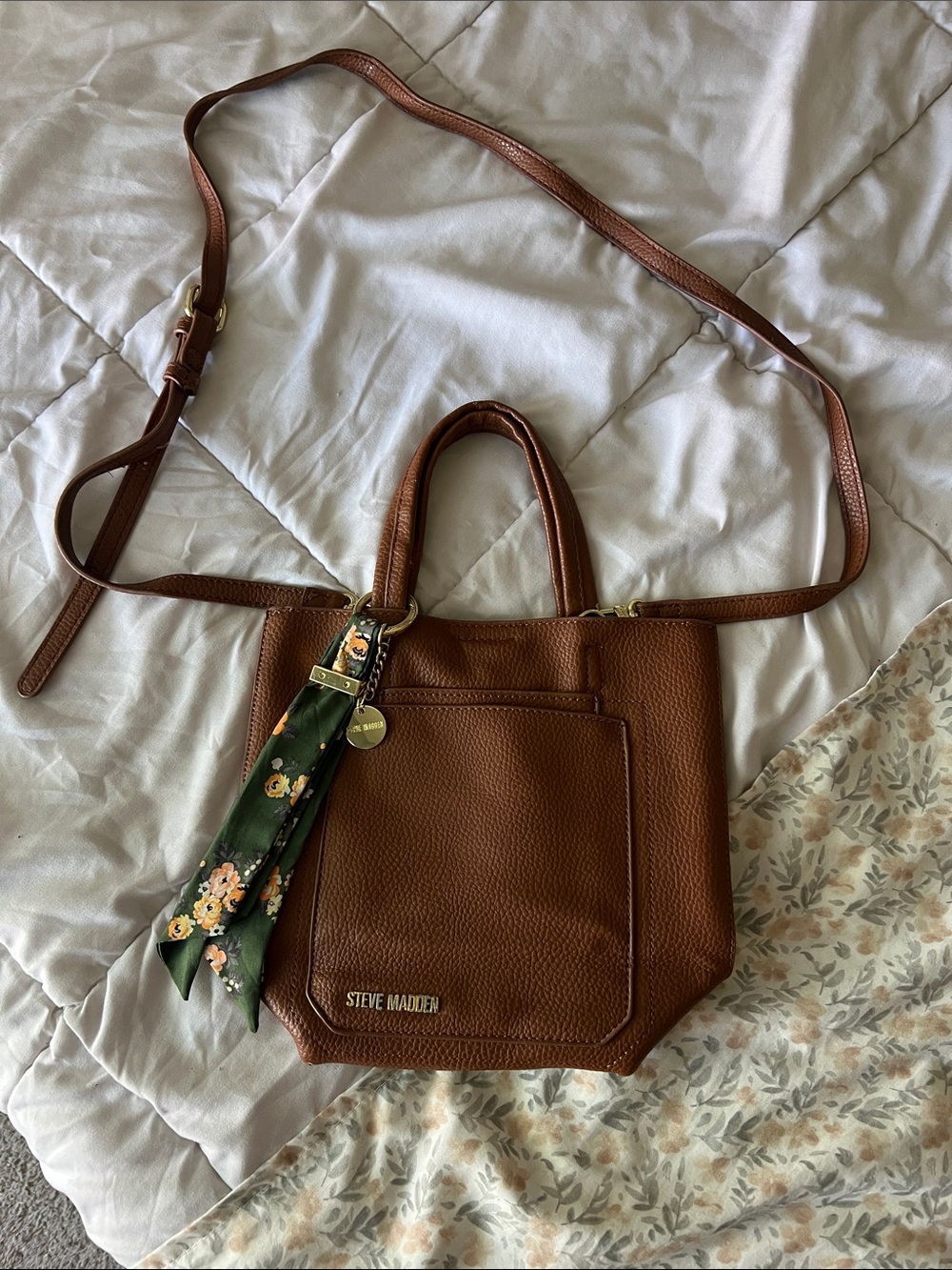 Steve Madden Tan Pebbled Leather Crossbody with Floral Scarf Accent